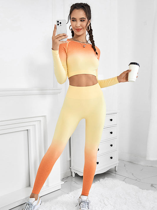 Long Sleeves Skinny Gradient Round-Neck Tee&Leggings Solid Color Suits