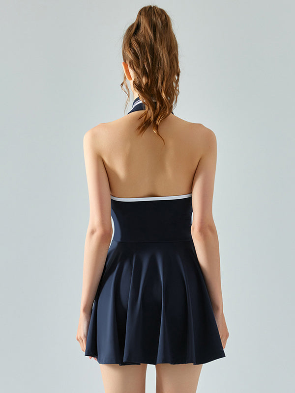 Sleeveless Backless Color-Block Halter-Neck Sports Dresses