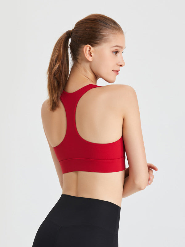 Skinny Wrap Solid Color Zipper Spaghetti-Neck Sports Bra