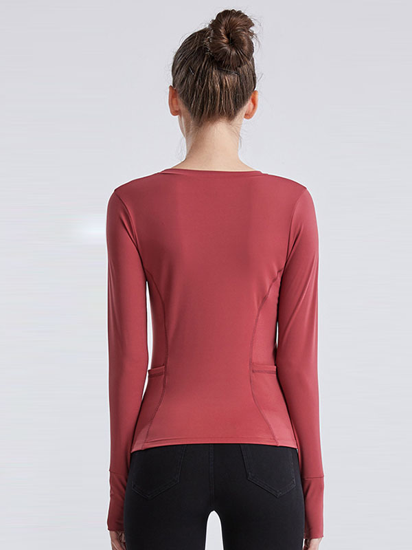 Long Sleeves Wrap Pockets Solid Color Round-Neck Yoga Tops