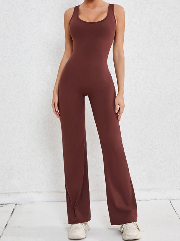 Wrap Hollow Solid Color Spaghetti-Neck Jumpsuits