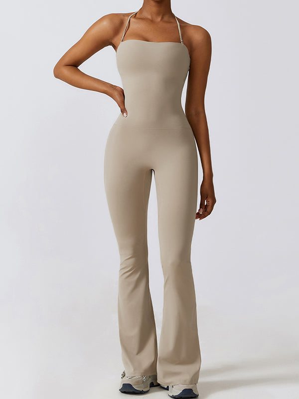 Flared Pants Skinny Leg Backless Detachable Solid Color Halter-Neck Jumpsuits