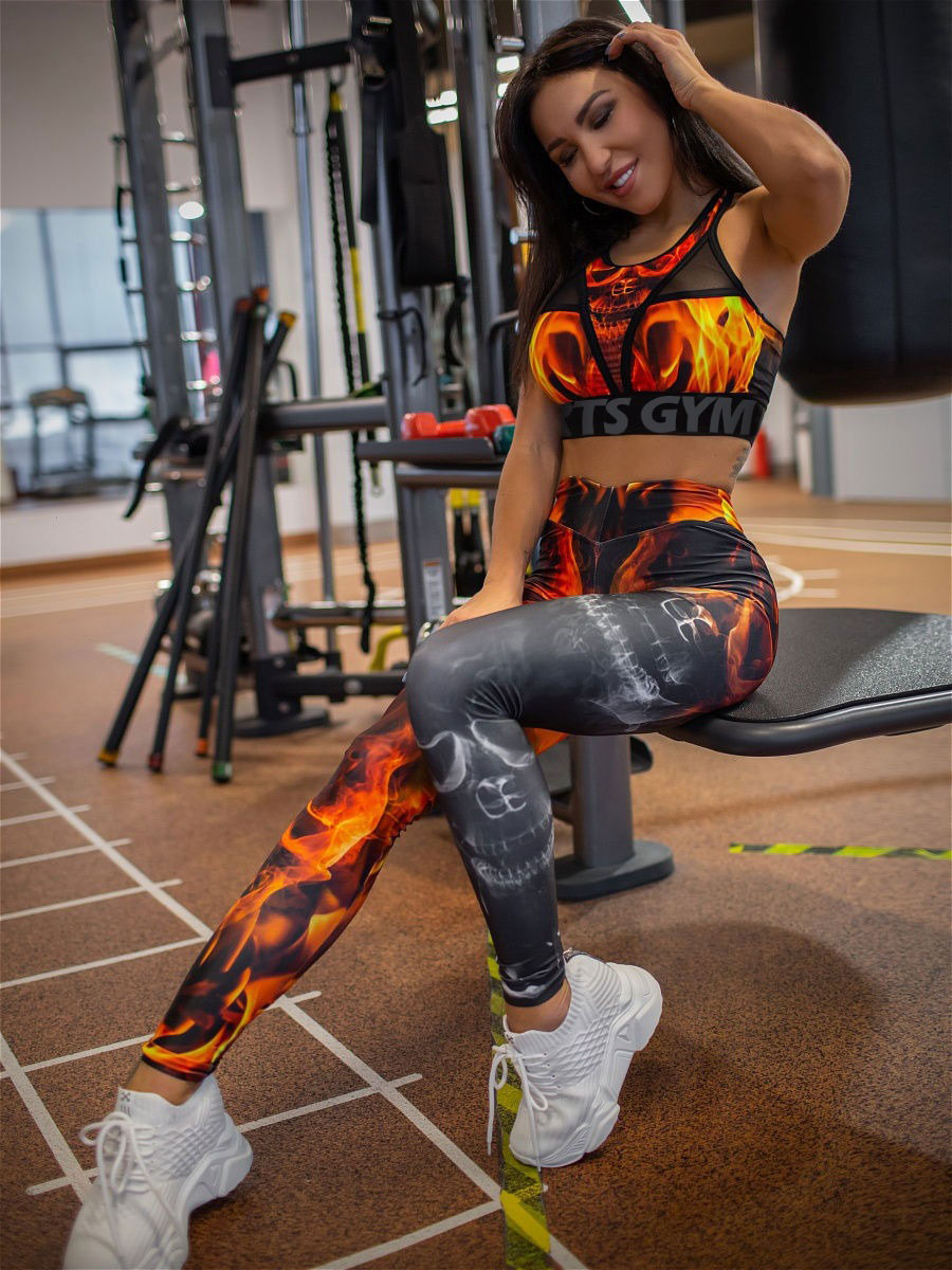 Fashion Flame Print Mesh Split-Joint Bra&Leggings Sports Suits