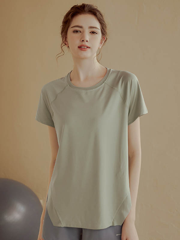 Loose Short Sleeves Solid Color Split-Side Round-Neck Yoga Tops