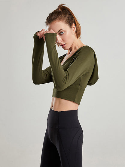 Cropped Long Sleeves Hooded Solid Color Split-Joint U-Neck Yoga Tops