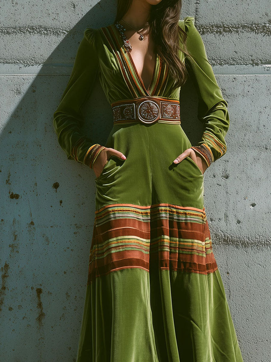 Boho Olive Green Velvet Striped Hem Maxi Dress