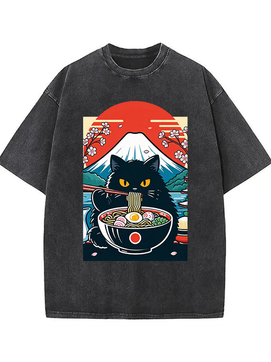 Black Cat Having Ramen Mount Fuji Washed T-shirt