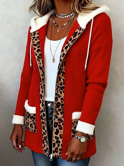 Women's Casual Christmas Spliced Leopard Print Contrast Jacket