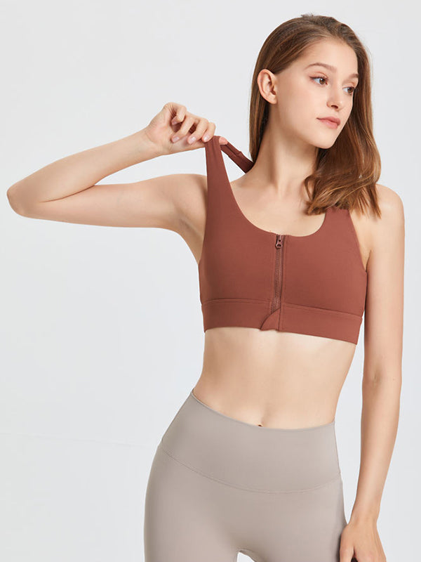 Skinny Wrap Solid Color Zipper Spaghetti-Neck Sports Bra