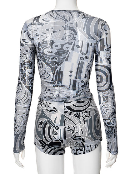 Long Sleeves Skinny Contrast Color Printed Round-Neck Shirts&Shorts Suits