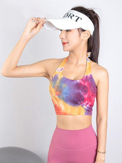 Skinny Wrap Bandage Contrast Color Tie Dye Halter-Neck Sports Bra