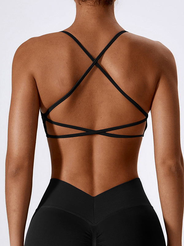 Wrap Back Cross Hollow Solid Color U-Neck Sports Bra