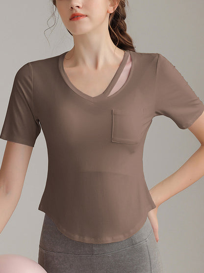 Wrap Hollow Pockets Solid Color V-Neck T-Shirts