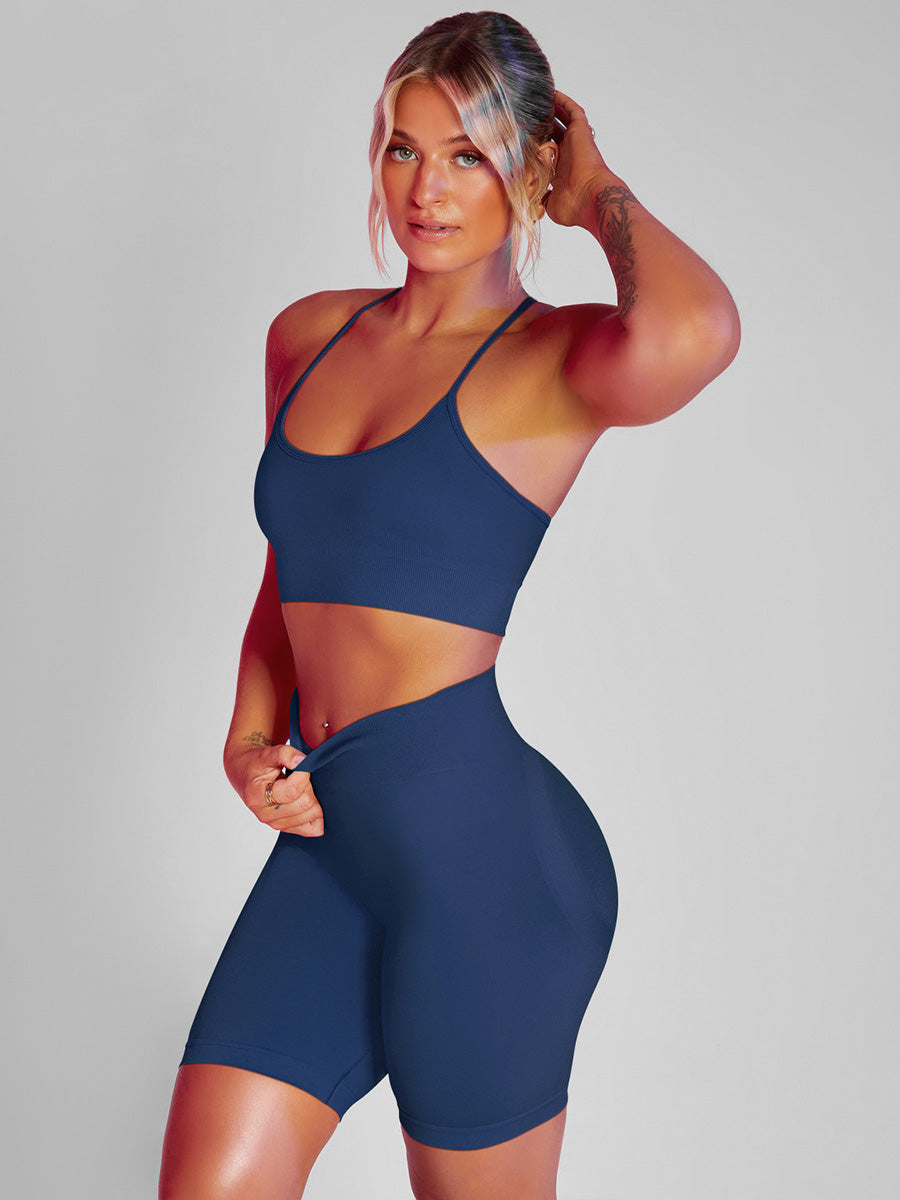 Solid Color Back Crossover Bra & Leggings Sports Suits