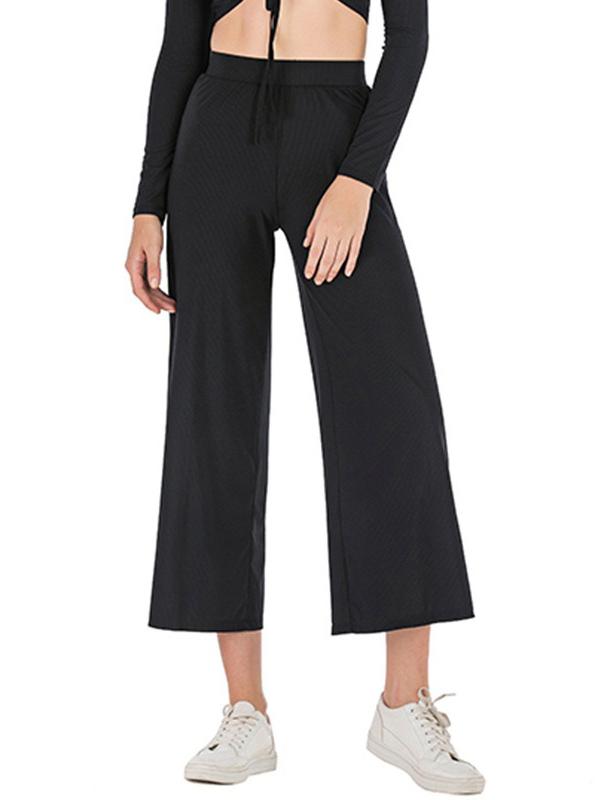 Solid Drawstring Long Sleeves Wide Leg Yoga Suits