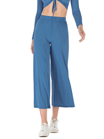 Solid Drawstring Long Sleeves Wide Leg Yoga Suits