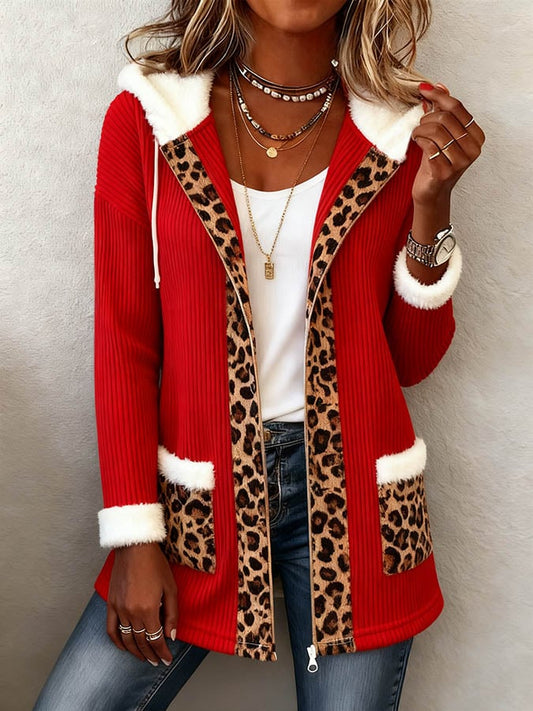 Women's Casual Christmas Spliced Leopard Print Contrast Jacket