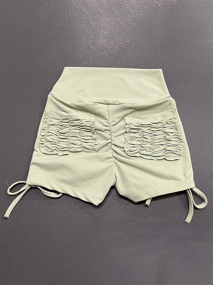 Skinny Wrap Drawstring Pleated Pockets Solid Color Sports Shorts