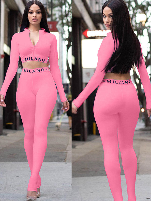 Solid Color Sexy Tight Zipper Midriff-Baring Sports Suit