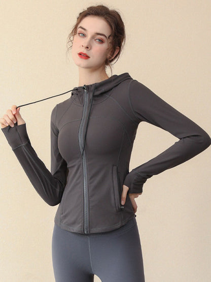 Skinny Wrap Hooded Solid Color Zipper Yoga Tops