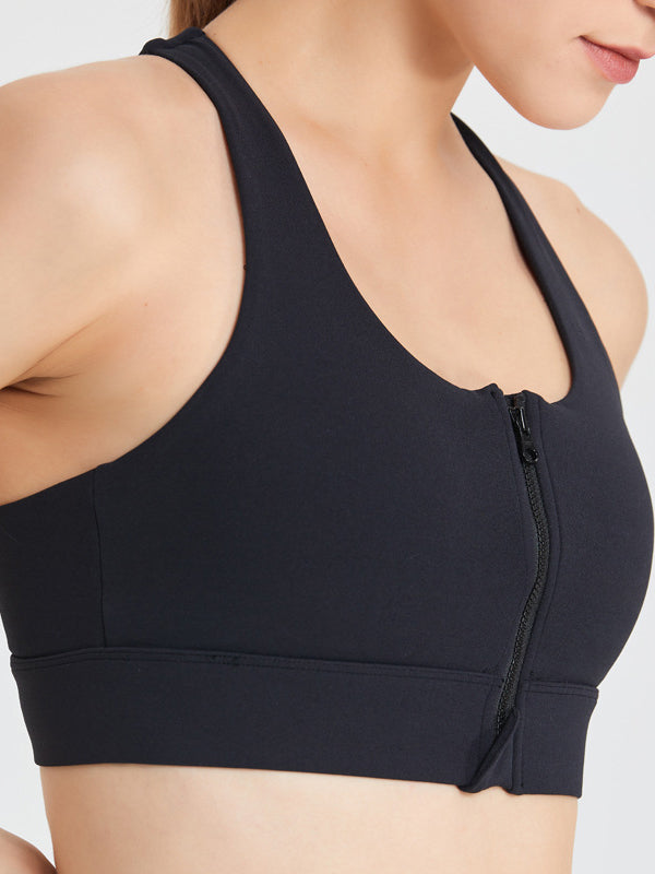 Skinny Wrap Solid Color Zipper Spaghetti-Neck Sports Bra