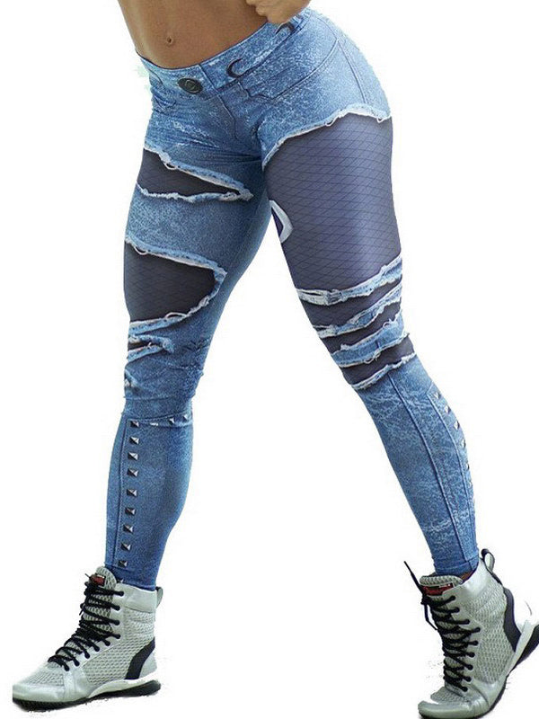 Hip-Lift Printed Denim Patchwork Sport Legging