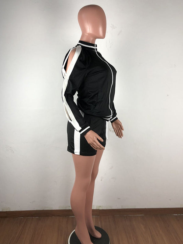 Rib Stitching Long Sleeve Zipper Shorts Sport Suit