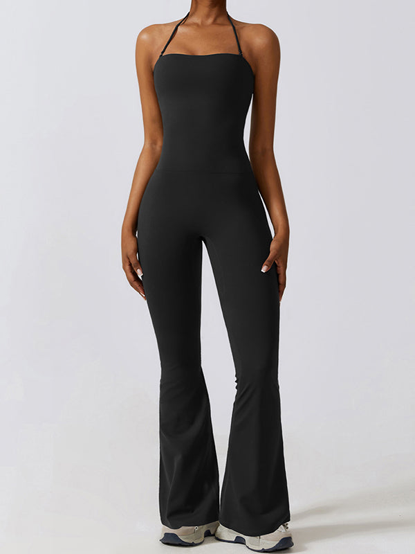 Flared Pants Skinny Leg Backless Detachable Solid Color Halter-Neck Jumpsuits