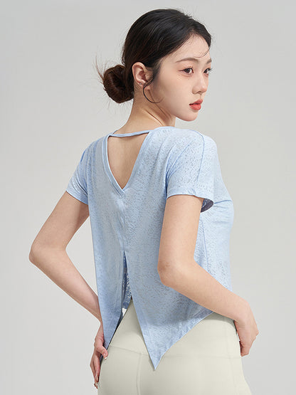 Loose Cover-Ups Tops Solid Color T-Shirts Split-Back Tee Split-Joint Round-Neck Yoga Tops