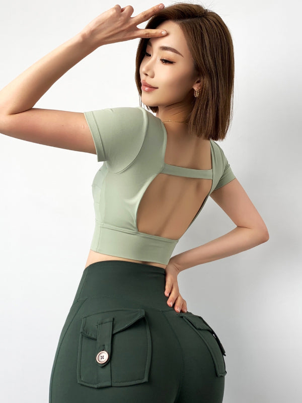 Wrap Backless Solid Color Square-Neck Sports Tank