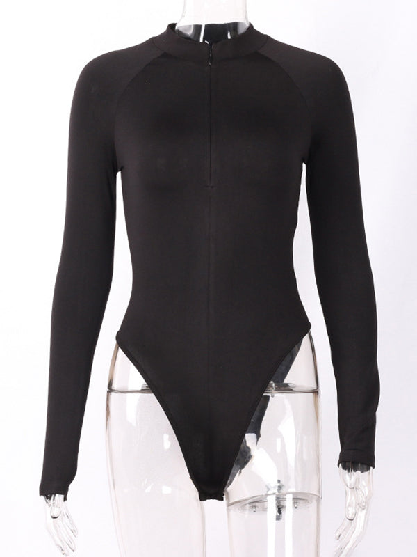 Bottoming Shirt Solid Color Long Sleeve Zip Collar Bodysuit