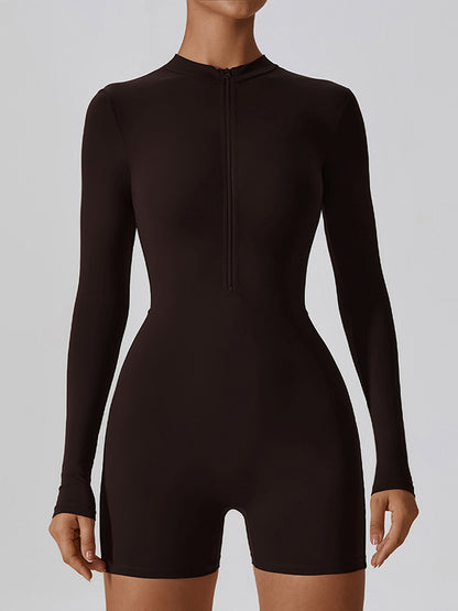 Long Sleeves Solid Color Zipper Round-Neck Sports Rompers