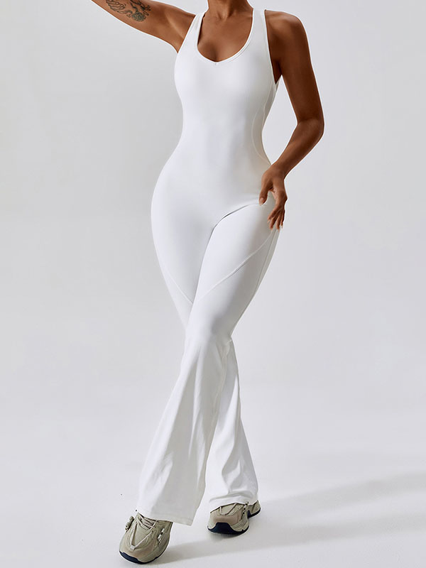 Skinny Wrap Backless Solid Color U-Neck Jumpsuits