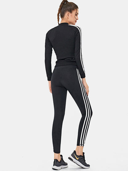 Striped Zipper Cardigan Skinny Stretch Fitness Yoga Suit