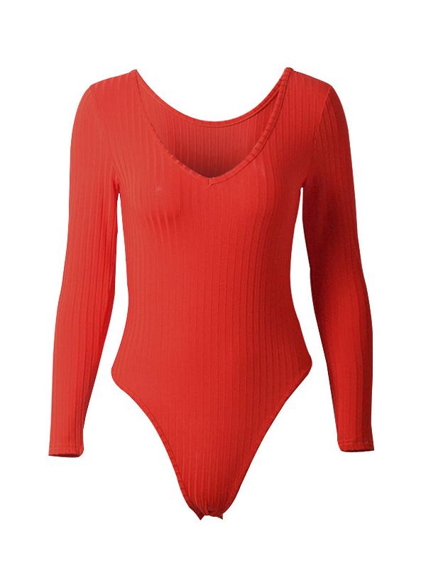 Sexy Solid Color V-Neck Long Sleeves Bodysuits