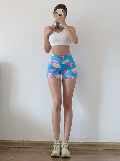 Wrap Contrast Color High-Waisted Fruit Printed Sports Shorts