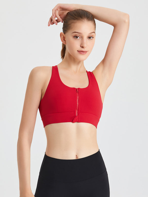 Skinny Wrap Solid Color Zipper Spaghetti-Neck Sports Bra