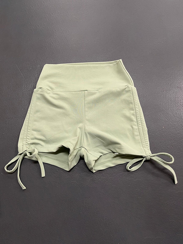 Skinny Wrap Drawstring Pleated Pockets Solid Color Sports Shorts