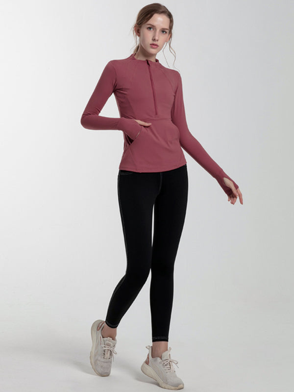 Long Sleeves Skinny Pockets Solid Color Zipper Yoga Tops