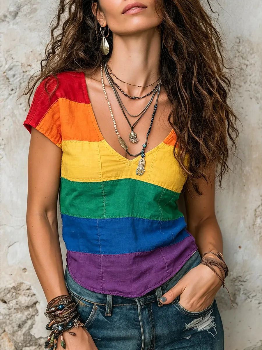 Pride Month Rainbow-Themed Stylish V-Neck T-Shirt
