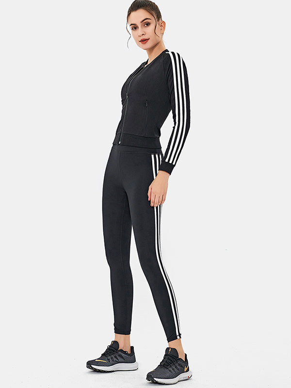 Striped Zipper Cardigan Skinny Stretch Fitness Yoga Suit