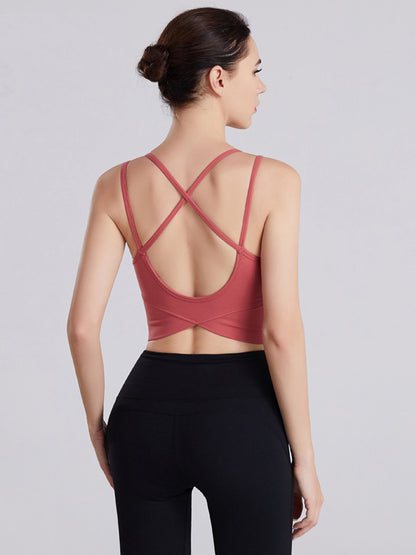 Wrap Back Cross Hollow Solid Color Spaghetti-Neck Sports Bra