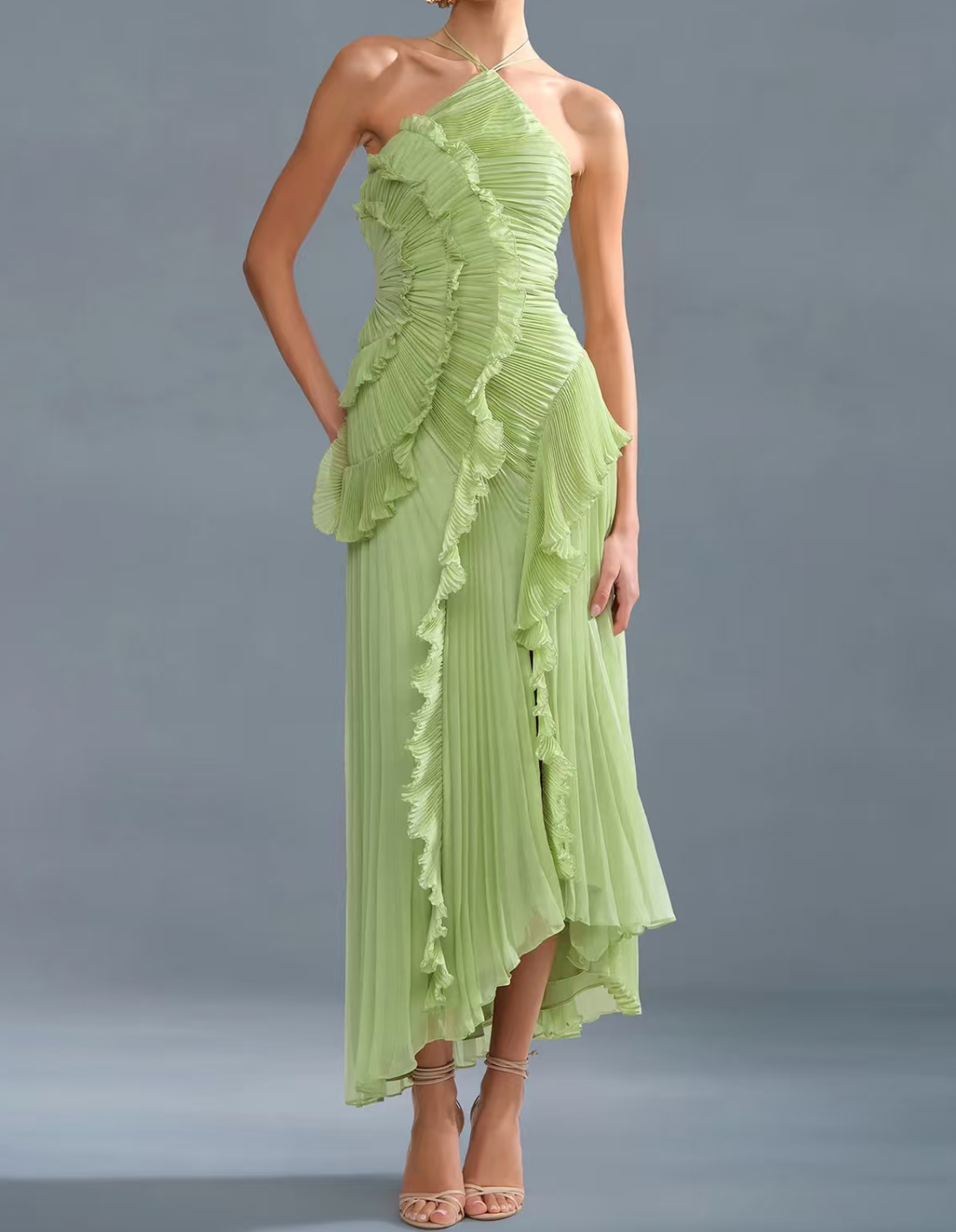 Ruched Ruffle Chiffon Midi Dress