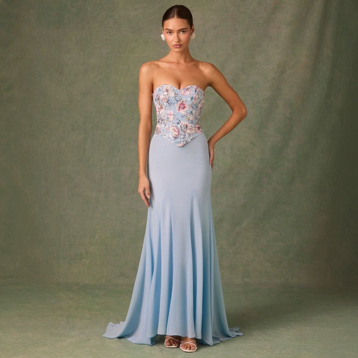 Embellished Corset Fishtail Gown in Floral Blue