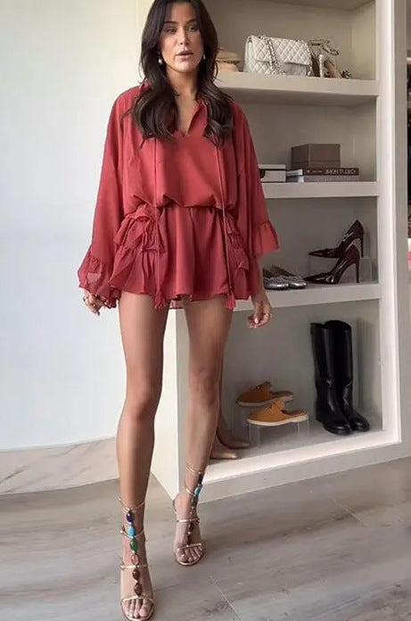 Red Tie-Front Ruffle Top and Mini Skirt Set