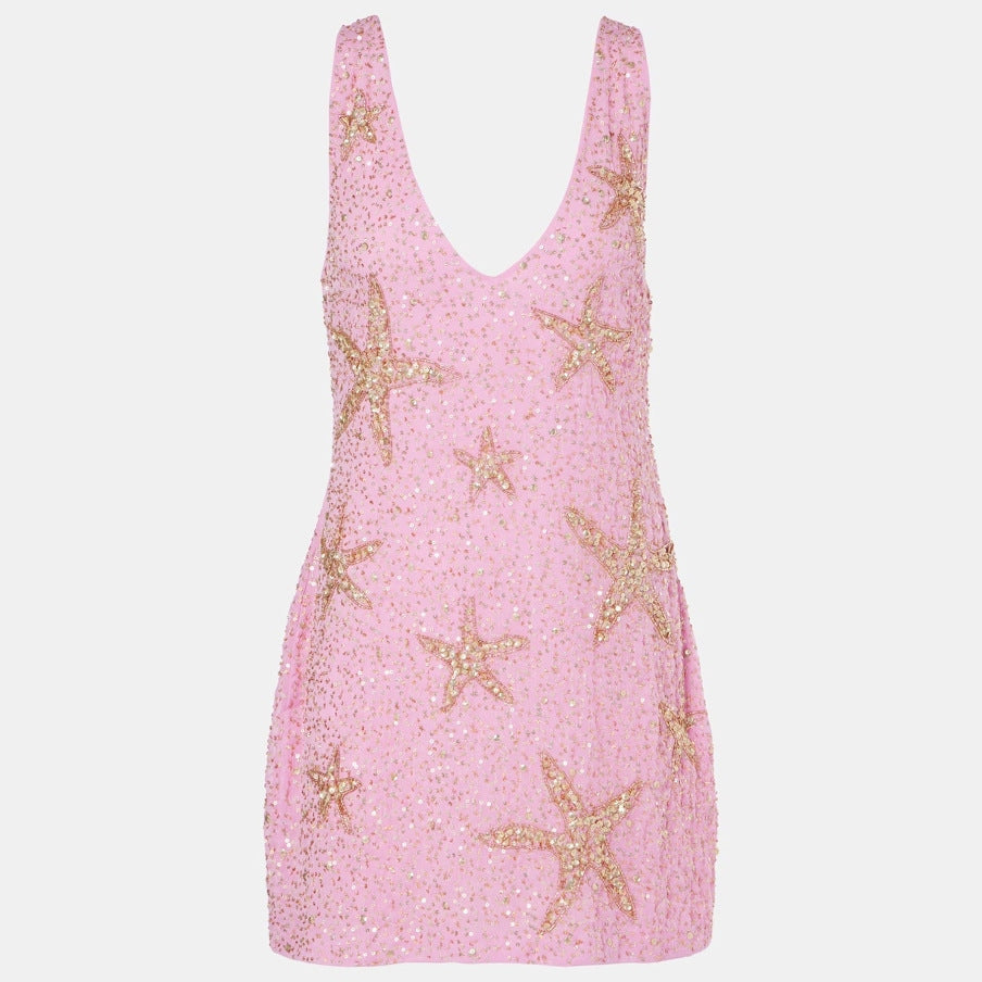 Beaded Star-Detail Plunge Open-Back Dress