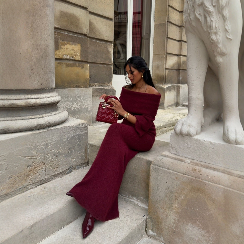 Off-Shoulder Fitted Knit Maxi Dress