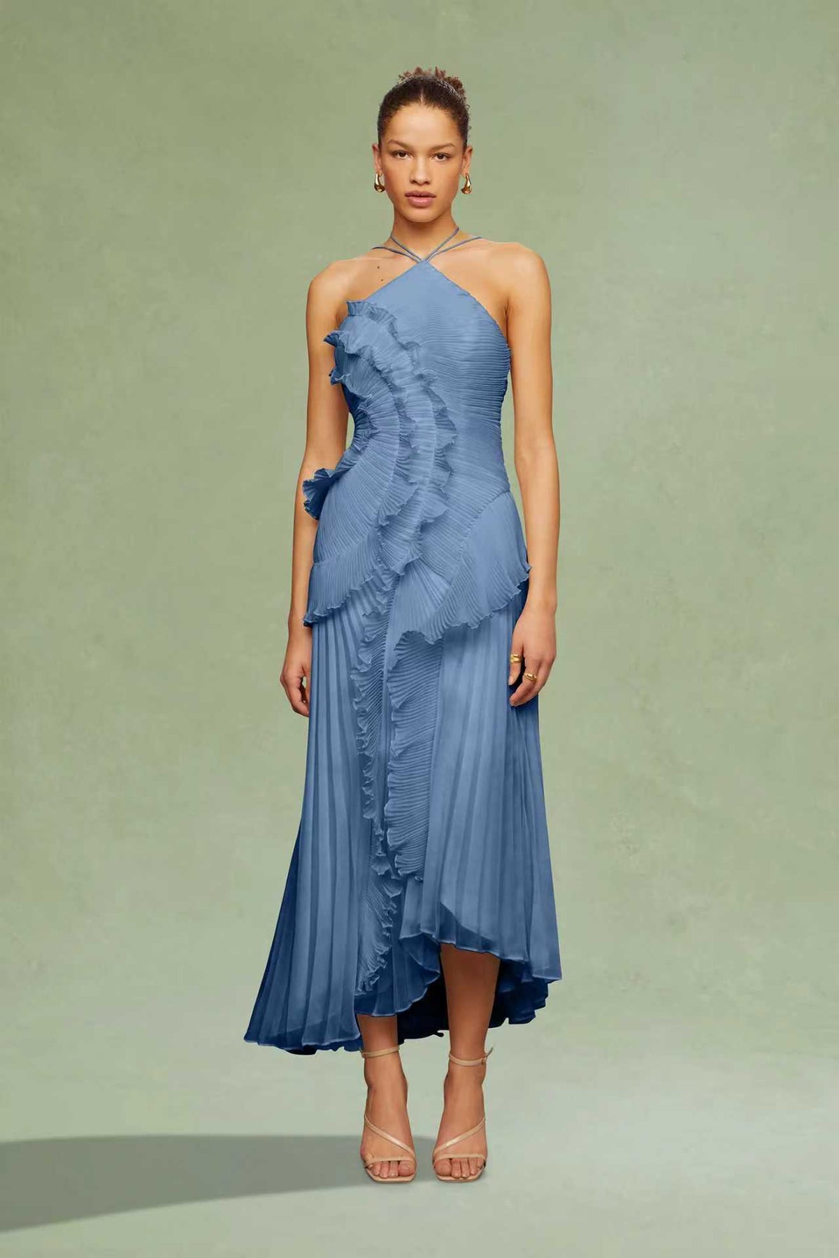 Ruched Ruffle Chiffon Midi Dress