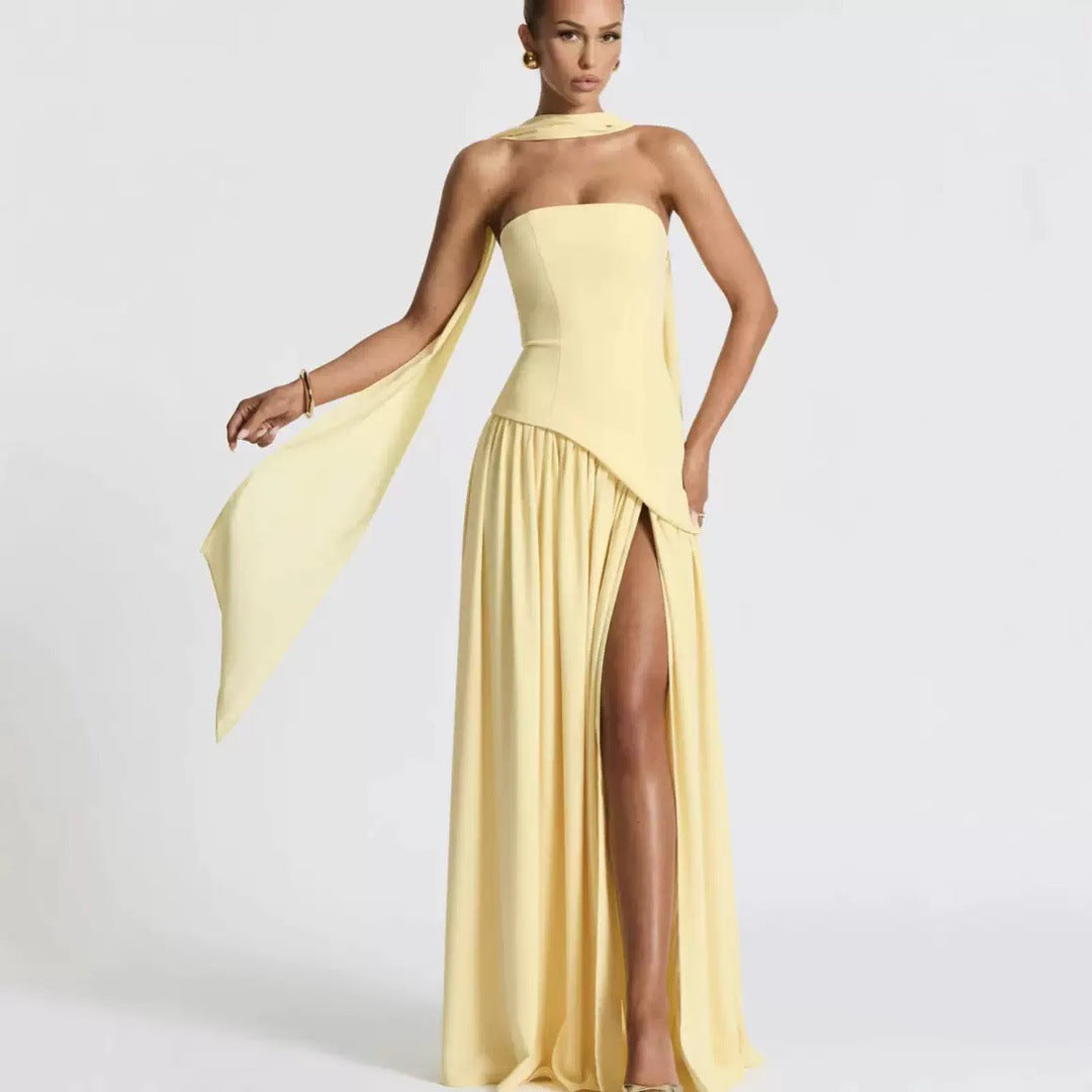 Asymmetric Strapless Tie-Detail Maxi Dress with Slit
