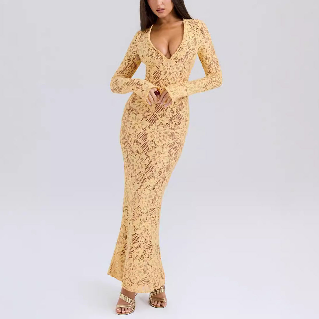 Deep-V Long-Sleeve Openwork Mermaid Dress